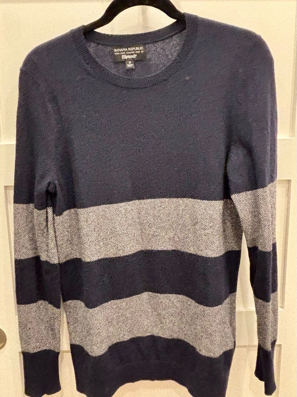 Banana Republic Men’s Filpucci  Navy & Gray Tweed Wide-Strip Crewneck Sweater